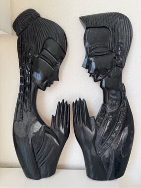 Black Carved Wood Wall Art Pair - Decorative Home Sculpture